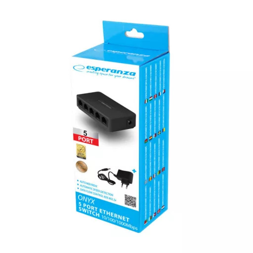 Onyx 5 portos Ethernet Switch - Esperanza, 10/100/1000 támogatással - ENS103
