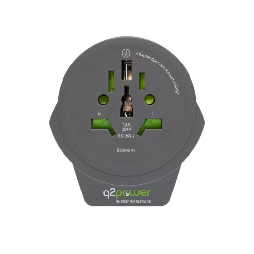 q2power 1.100110-TH utazóadapter, World to Europe USB, USB 5V 2.4A, max. 16 A, 250 V - 4000 W teljesítmény
