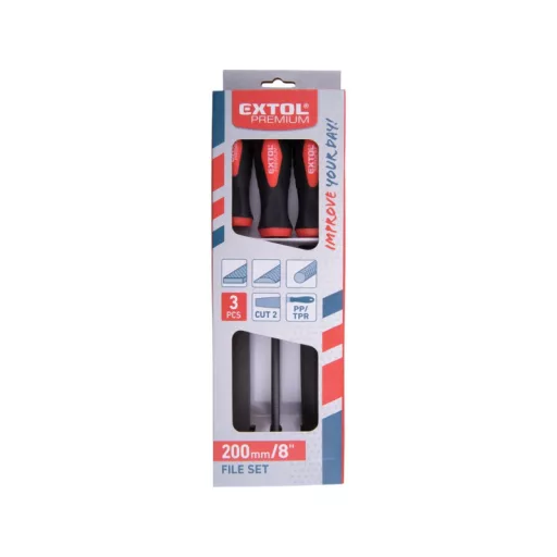 EXTOL PREMIUM fémreszelő klt., 3 db (lapos, félkerek, kerek), 200mm, T12 acél, vágat 2, finom, TPR gumis műanyag nyél