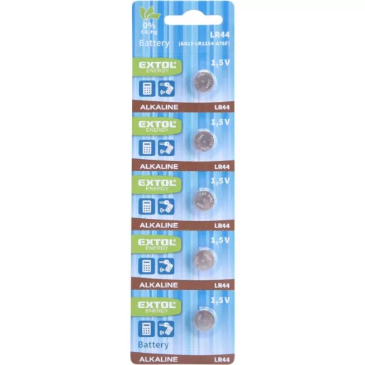 EXTOL ENERGY gombelem klt. 5 db, alkáli, 1,5V, méret: (LR44/AG13); hosszú étettartam, bliszteren