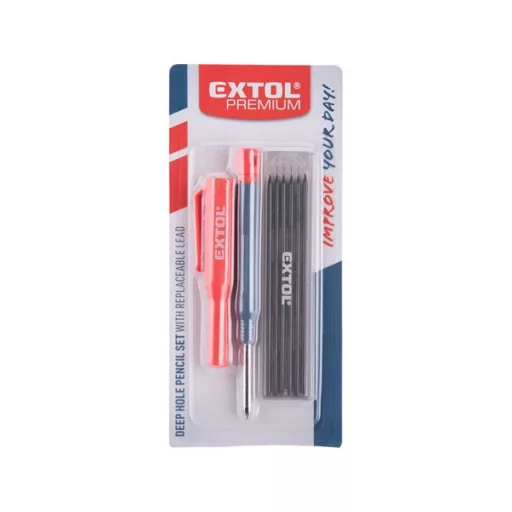 EXTOL PREMIUM tölthető ácsceruza 2,8 mm HB, kupak klipsszel, 6 db 120 mm pótheggyel, hegyezővel