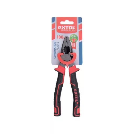EXTOL PREMIUM kombinált fogó, 200mm, duál vörös/fekete TPR nyél, 20% extra erőkifejtés, akasztós szerszámtartó