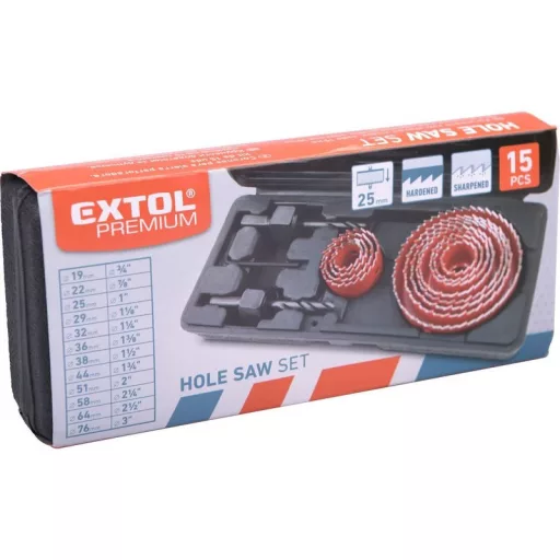 EXTOL PREMIUM körkivágó klt., 15 db-os,(19-22-29-32-36-38-44-51-58-64-76mm) műanyag, fa, gipszkarton