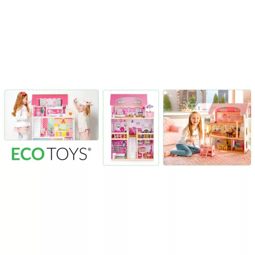 Fa babaház LED bútorral - ECOTOYS - gyerekeknek és felnőtteknek - világító bútor - kreatív játék