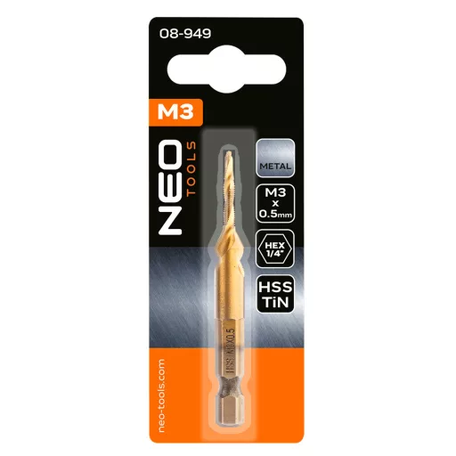 NEO TOOLS Gépi menetfúró, 2az1ben előfúró éllel, HSS-Titán, M3X0,5mm, hatszög szárral 08-949