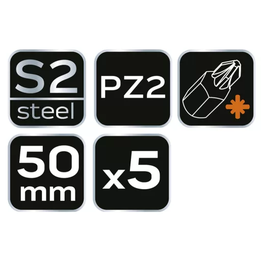 NEO TOOLS Torziós ütvecsavarozó bitek S2, 50mm, PZ2, 5db 09-579