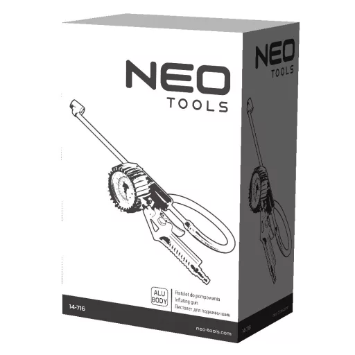 NEO TOOLS Pneumatikus kerékfúvó pisztoly, nyomásmérővel 80mm, dupla teherautó kerekekhez 14-716
