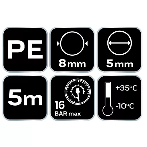 NEO TOOLS Pneumatikus spiráltömlő, 5,0x8mm x 5m, PE 14-808-1