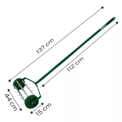 VERTO Fűszellőztető, gyepszellőztető, kézi, 27 tüske, 15 cm dobátmérő 15G539