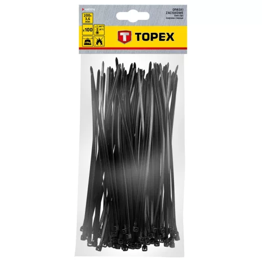 TOPEX KÁBELKÖTEGELŐ, gyorskötöző, 3,6mm x 200mm, fekete, 100db 44E976