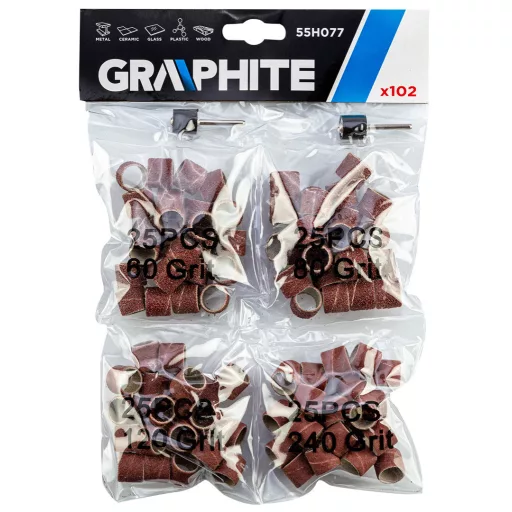 GRAPHITE Csiszolóhüvely 12.7mm, K60, K80, K120, K240, készlet 100db + szár 3.2mm, 2db 55H077