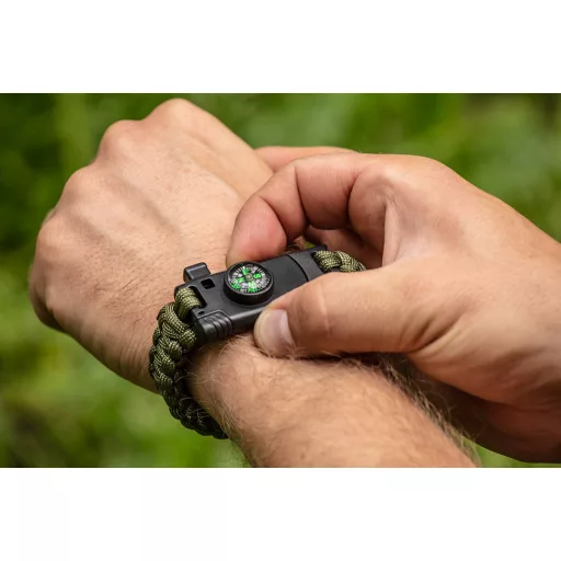 NEO TOOLS Túlélő karkötő 5 az 1-ben: 3.5m paracord(250kg-ig), kovakő, iránytű, kés, síp, zöld, szélessége 26mm 63-140