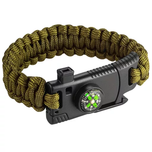 NEO TOOLS Túlélő karkötő 5 az 1-ben: 3.5m paracord(250kg-ig), kovakő, iránytű, kés, síp, zöld, szélessége 26mm 63-140