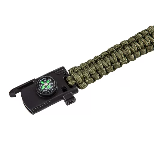 NEO TOOLS Túlélő karkötő 5 az 1-ben: 3.5m paracord(250kg-ig), kovakő, iránytű, kés, síp, zöld, szélessége 26mm 63-140