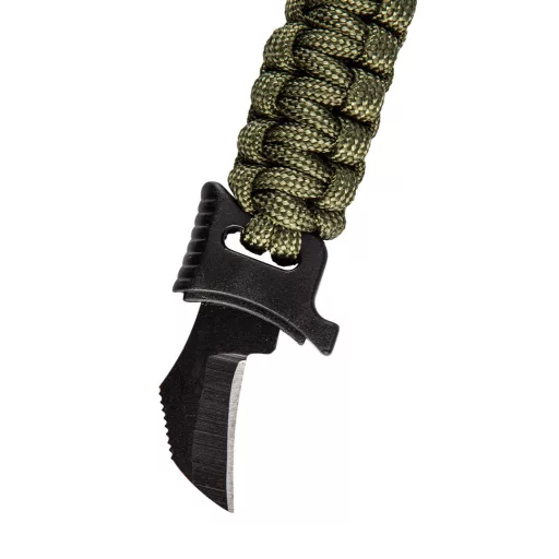 NEO TOOLS Túlélő karkötő 5 az 1-ben: 3.5m paracord(250kg-ig), kovakő, iránytű, kés, síp, zöld, szélessége 26mm 63-140