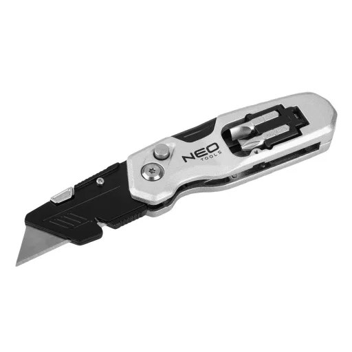 NEO TOOLS Trapézpengés kés, összecsukható, alu házas, 1+3 penge, 2 db csavarhúzóbittel 63-705
