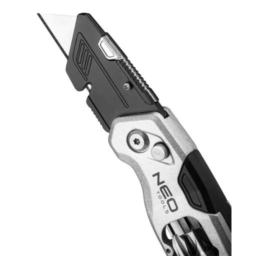 NEO TOOLS Trapézpengés kés, összecsukható, alu házas, 1+3 penge, 2 db csavarhúzóbittel 63-705