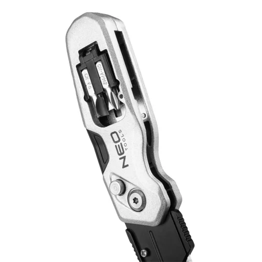 NEO TOOLS Trapézpengés kés, összecsukható, alu házas, 1+3 penge, 2 db csavarhúzóbittel 63-705