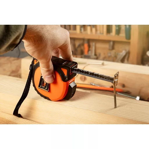 NEO TOOLS Mérőszalag, 5m/25mm, erősített rugós, acél, fekete szalag fehér nagyított skálával, mágneses, autostop+rögzítő 67-243