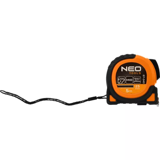 NEO TOOLS Mérőszalag, 5m/25mm, erősített rugós, acél, fekete szalag fehér nagyított skálával, mágneses, autostop+rögzítő 67-243