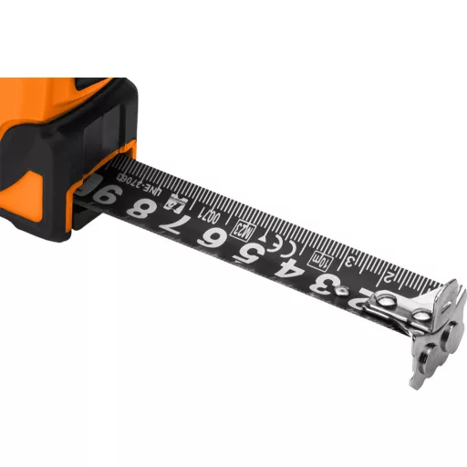 NEO TOOLS Mérőszalag, 5m/25mm, erősített rugós, acél, fekete szalag fehér nagyított skálával, mágneses, autostop+rögzítő 67-243