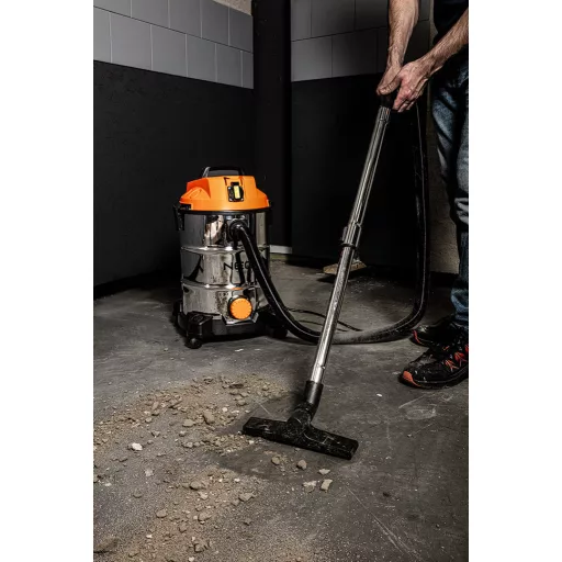 NEO TOOLS Száraz/vizes ipari porszívó, 1400W/18KPa, 30l-es inox tartály, gépcsatlakozó aljzat, komplett tartozékszett 3 év garanciával 04-738