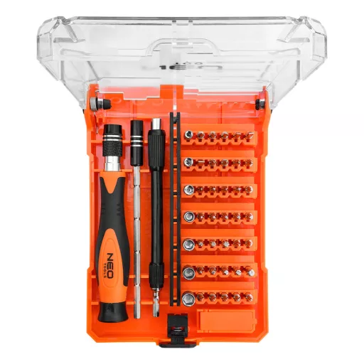 NEO TOOLS Műszerész, precíziós csavarhúzókészlet, bitekkel, nyéllel és hosszabbító szárakkal, 45db-os 06-111-1