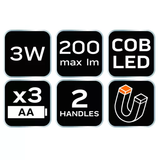 NEO TOOLS Kempinglámpa, 3 funkciós, összecsukható, 200lum, elemes 3xAA, COB LED, 3W 99-030