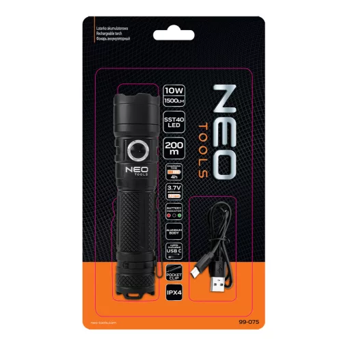 NEO TOOLS Zseblámpa, tölthető, USB C, 1500 lum, SST 40 LED 99-075