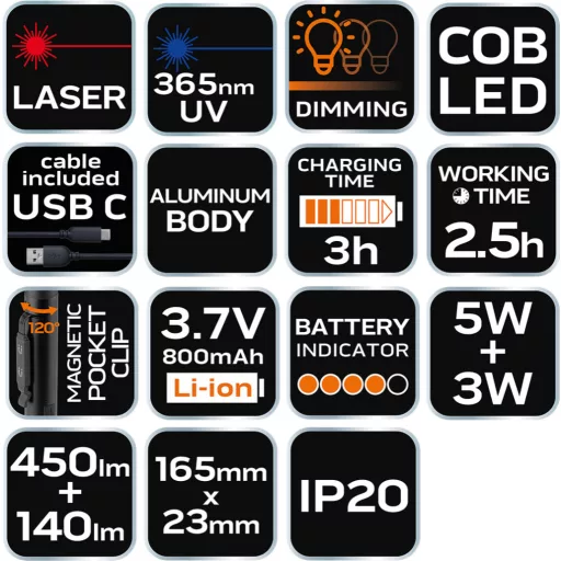 NEO TOOLS Akkus műhely-vizsgálólámpa, lézer, UV, tölthető, 450lum COB LED, 10W 99-077