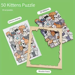   50 db-os fa puzzle, vegyes színekben, szabálytalan alakú kutya, macska, panda kialakítás