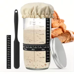   Kovászos Kezdőkészlet, 24oz Üvegedény Dátummal Jelölt Adagolószalaggal, Hőmérővel, Szövethuzattal És Fém Fedéllel
