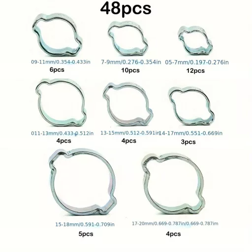 48 db-os Cinkbevonatú Rozsdamentes Acél Dupla Fülű Tömlőbilincs Készlet