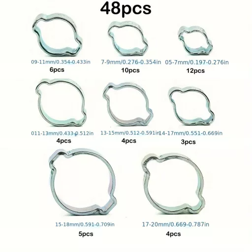 48 db-os Cinkbevonatú Rozsdamentes Acél Dupla Fülű Tömlőbilincs Készlet