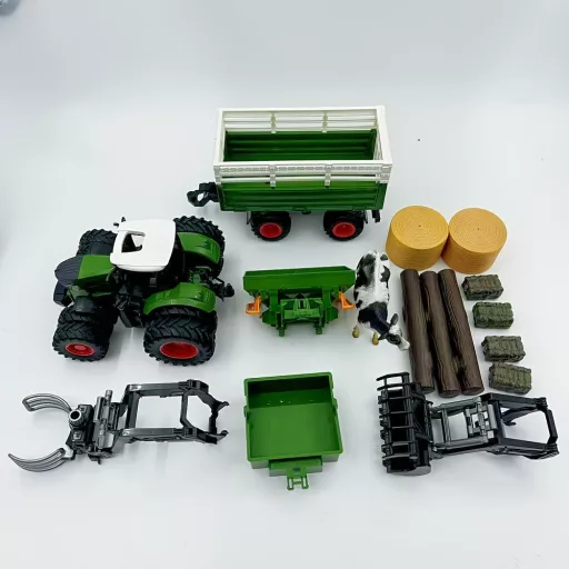 41,91 cm-es 1/24-es méretarányú farm traktor játékkészlet pótkocsival
