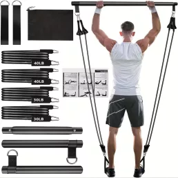   8db Készlet - Pilates Bar Készlet 4 Ellenállási Szalaggal (63.5 KG) 8 részes fekete【63.5 kg】