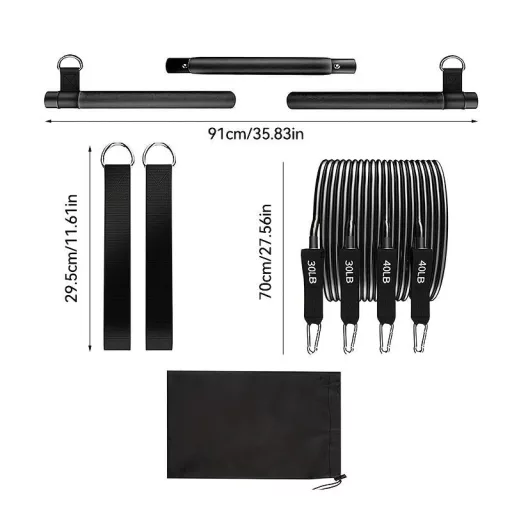 8db Készlet - Pilates Bar Készlet 4 Ellenállási Szalaggal (63.5 KG) 8 részes fekete【63.5 kg】