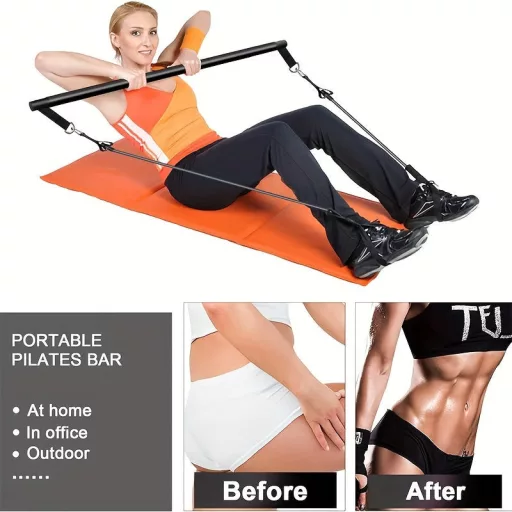 8db Készlet - Pilates Bar Készlet 4 Ellenállási Szalaggal (63.5 KG) 8 részes fekete【63.5 kg】