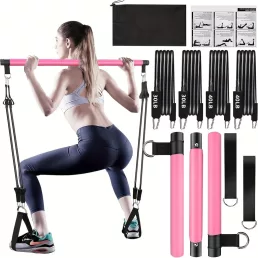   8db Készlet - Pilates Bar Készlet 4 Ellenállási Szalaggal (63.5 KG) 8 részes rózsaszín【63.5 kg】