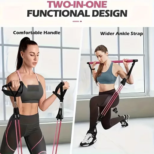 8db Készlet - Pilates Bar Készlet 4 Ellenállási Szalaggal (63.5 KG) 8 részes rózsaszín【63.5 kg】