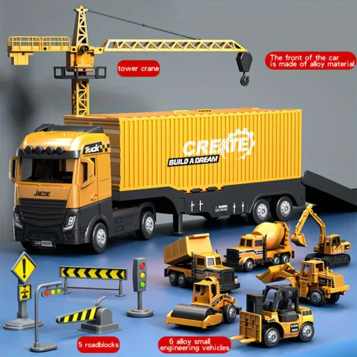 Jumbo ötvözet konténer teherautó készlet többfunkciós daruval - Sárga, kézi működtetés, tartós műanyag építőjáték fiúknak, ideális karácsonyi ajándék