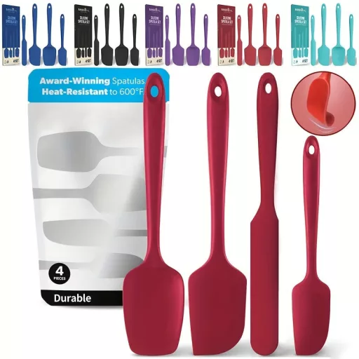 4 db-os szilikon spatulaszett, hőálló 600°F-ig, tartós gumi konyhai eszközök tapadásmentes edényekhez, varrat nélküli kialakítás, piros, 4 méret [Szilikon kaparó kék 4 darabos készlet]