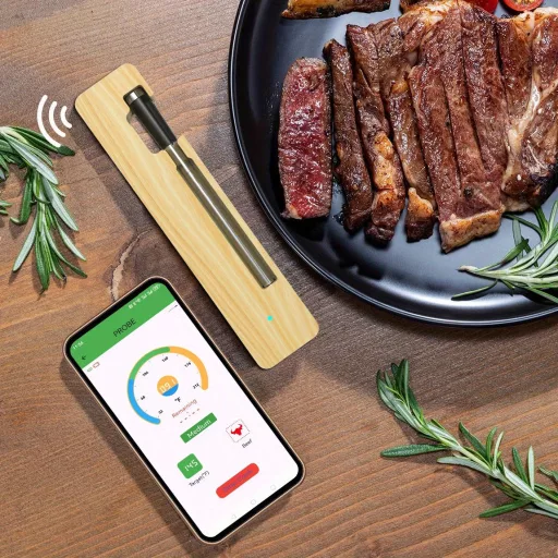 Intelligens vezeték nélküli hús hőmérő vezeték nélküli kapcsolattal - Akár 99,97 méteres hatótávolság, USB-ről tölthető, fém szonda BBQ-hez és sütőhöz Bambusz