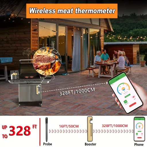 Intelligens vezeték nélküli hús hőmérő vezeték nélküli kapcsolattal - Akár 99,97 méteres hatótávolság, USB-ről tölthető, fém szonda BBQ-hez és sütőhöz Bambusz