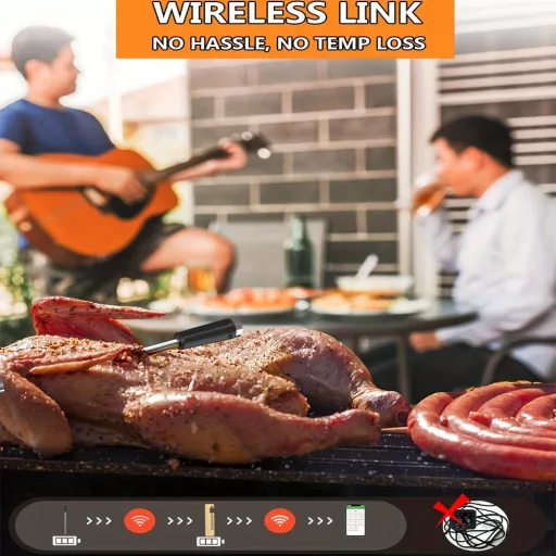 Intelligens vezeték nélküli hús hőmérő vezeték nélküli kapcsolattal - Akár 99,97 méteres hatótávolság, USB-ről tölthető, fém szonda BBQ-hez és sütőhöz Bambusz