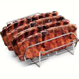   Hordozható tapadásmentes bordatartó, acél BBQ grillrács steakhez és báránybordához, kültéri főzőeszköz otthoni és éttermi konyhához, tartós sütőrács