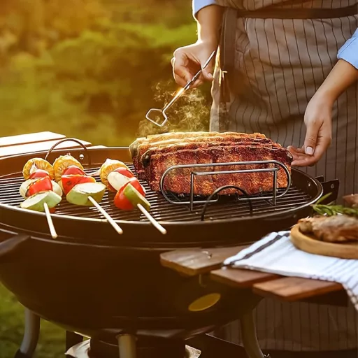Hordozható tapadásmentes bordatartó, acél BBQ grillrács steakhez és báránybordához, kültéri főzőeszköz otthoni és éttermi konyhához, tartós sütőrács