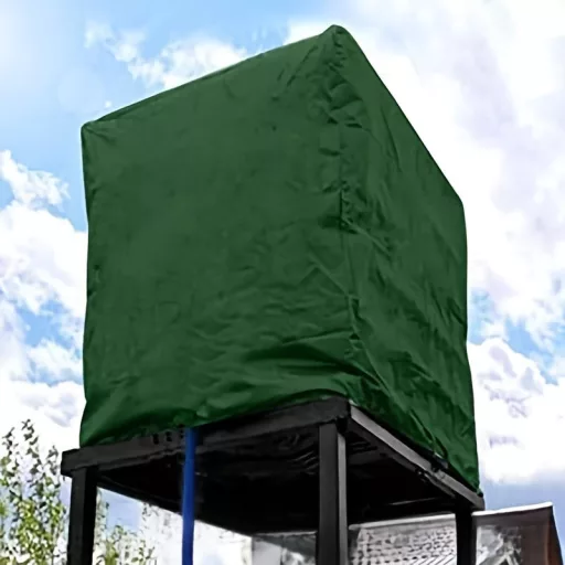 Kültéri IBC tartályfedél – 1000L védőhuzat cipzárral és rögzítőkötéllel (120×100×116 cm)