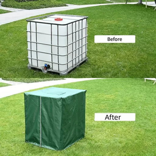 Kültéri IBC tartályfedél – 1000L védőhuzat cipzárral és rögzítőkötéllel (120×100×116 cm)