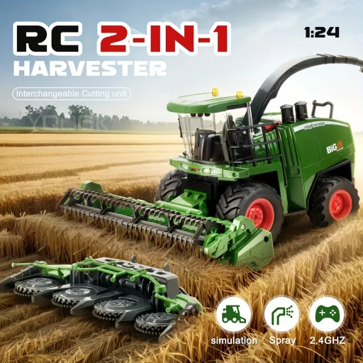 RC Traktor Kombájnnal és Világítással – 1:24 Méretarány, Tartós ABS, Akkumulátoros Traktor Játék